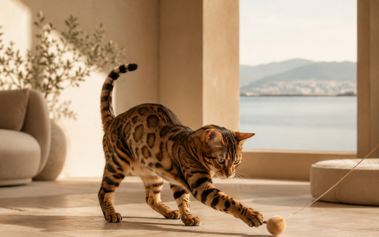 Bengal cat playing on a sunlit Mediterranean terrace overlooking the sea