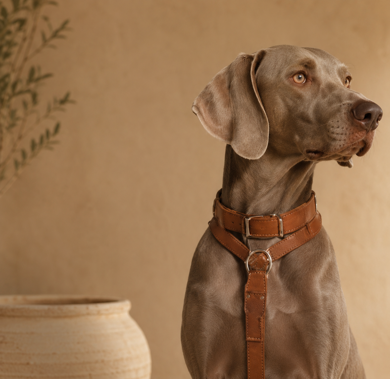 Dog wearing a handcrafted leather harness in a warm interior