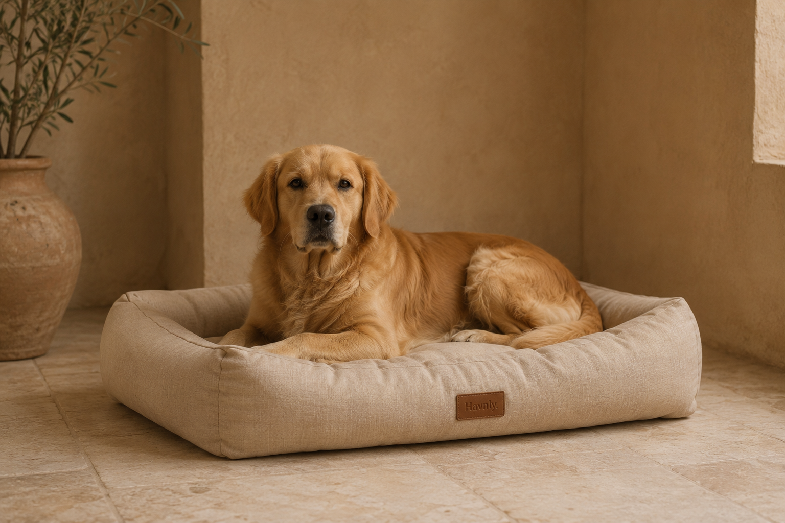 Golden retriever on a linen dog bed