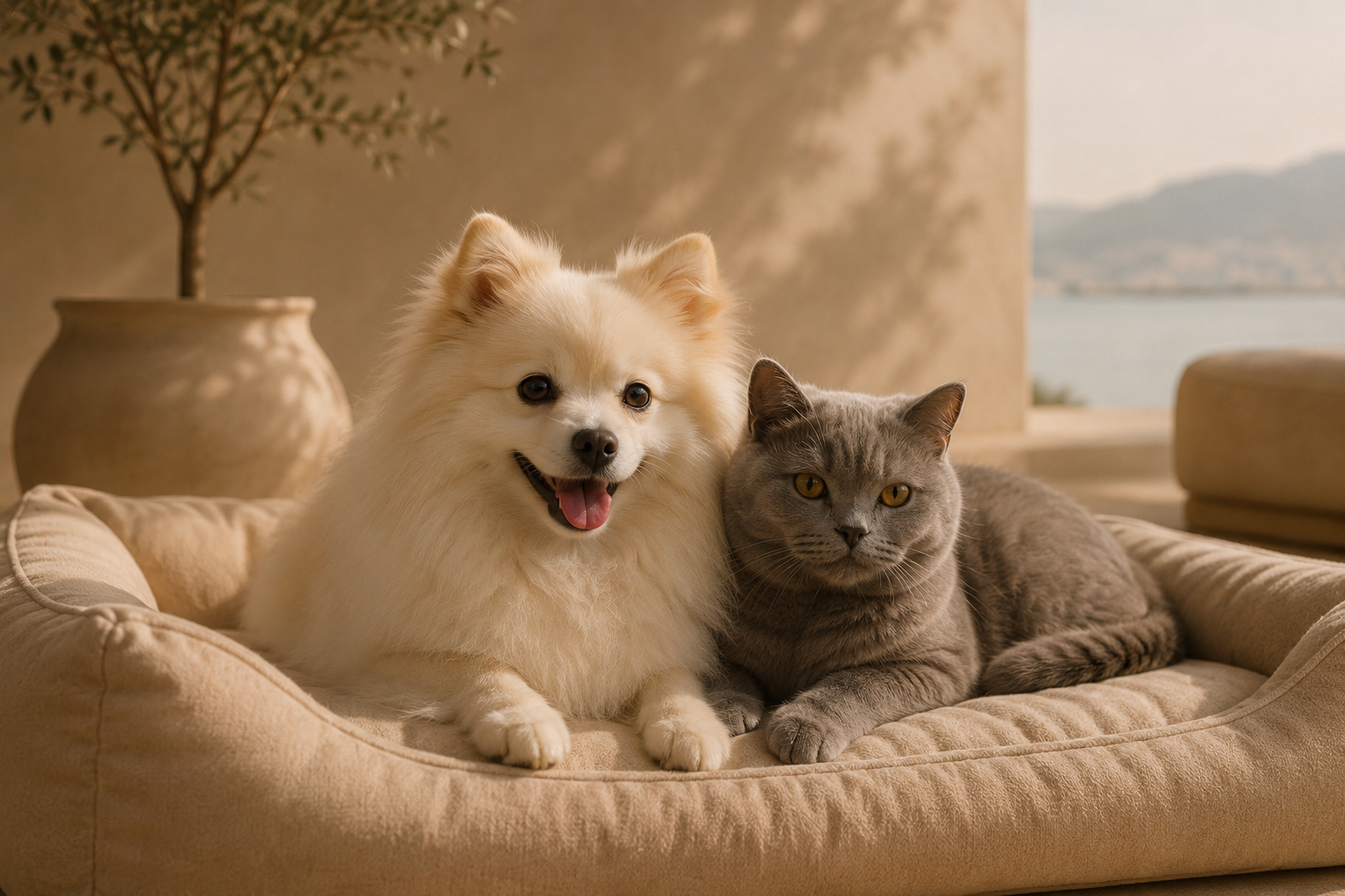 A Spitz cat resting at home in a warm, sunlit Mediterranean interior