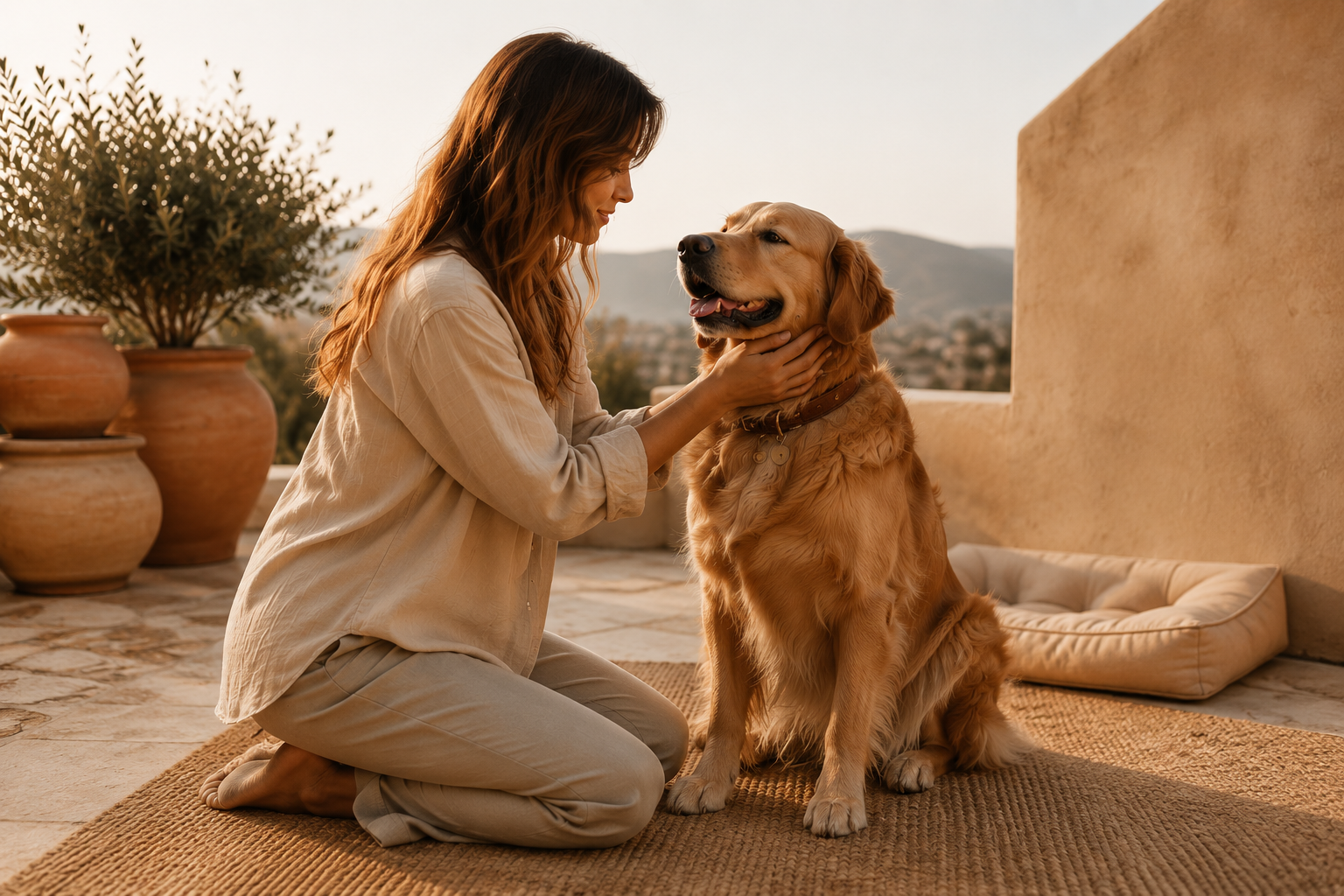 Woman sitting with her golden retriever in warm evening light