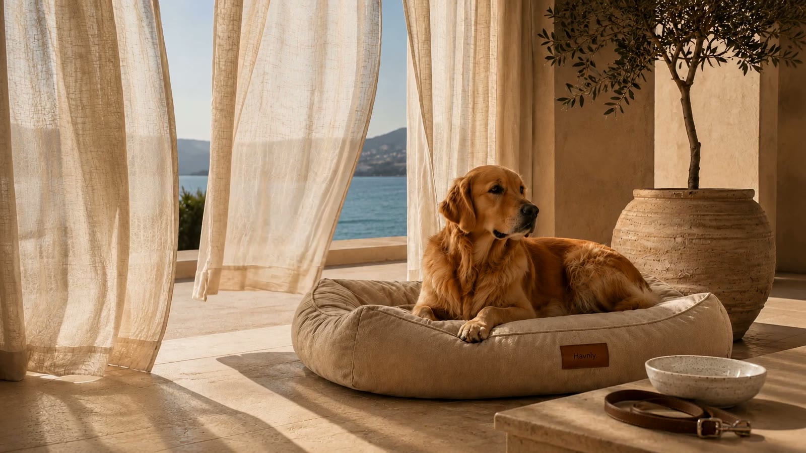 Golden retriever resting on a Havnly bed on a sunlit Mediterranean terrace by the sea